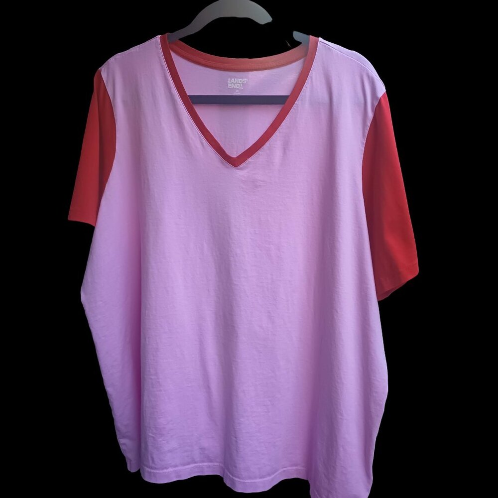 Lands End 2x Pink & Red Cotton T-shirt V-Neck Plus 22/24